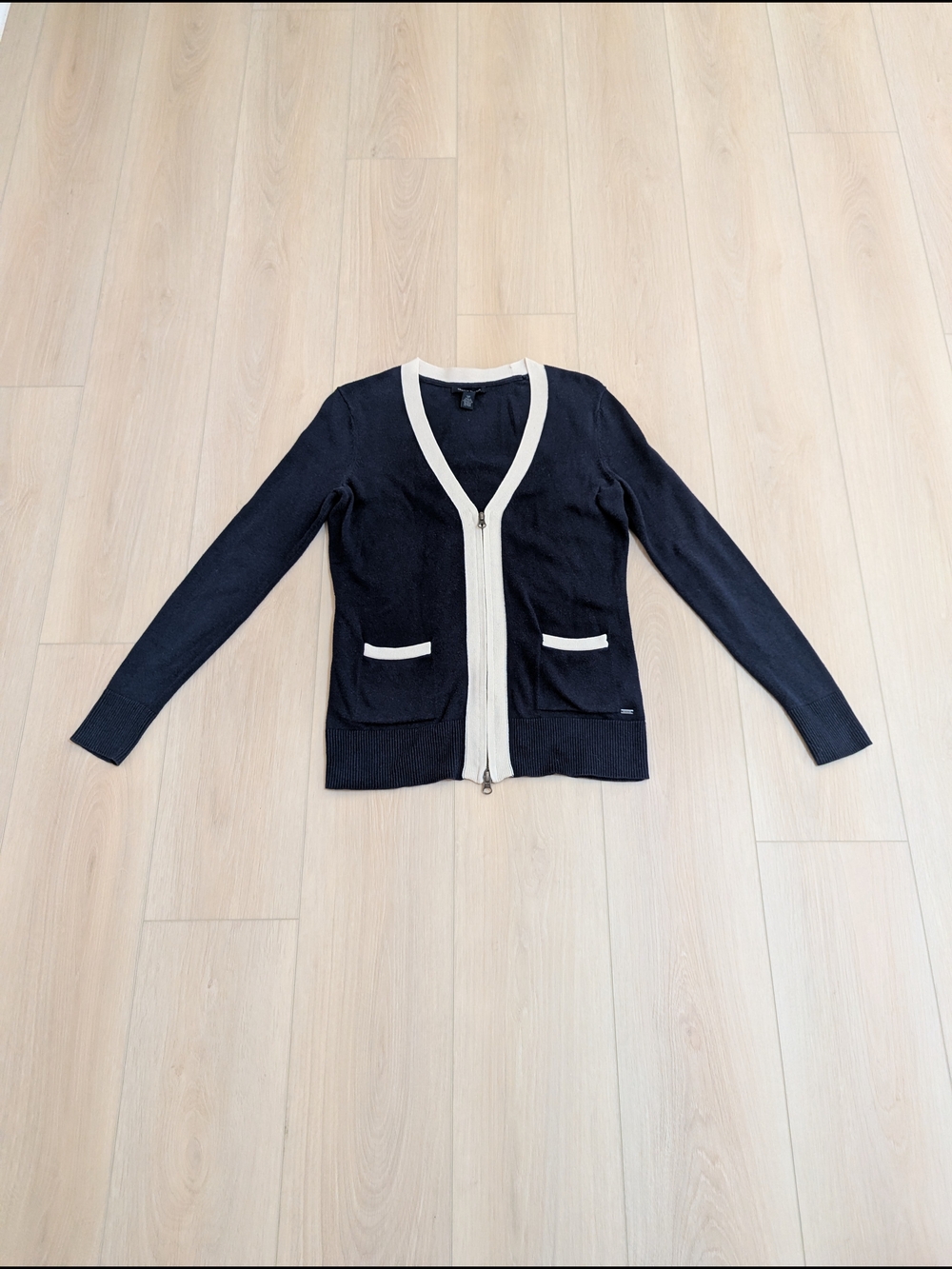 Navy V-Neck Zip Cardigan with Cream Trim